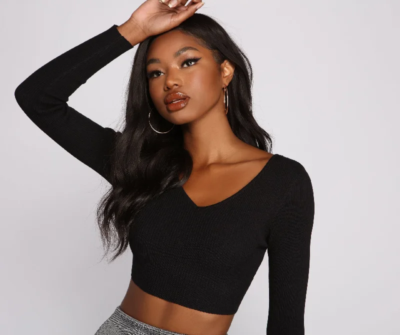 women's tops for those who want to make a bold fashion statement with their choice of topsRibbed Knit Long Sleeve Cropped Sweater