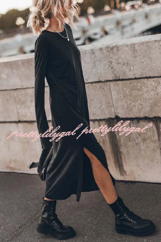 flowy midi dressesThe Bedisse Cotton Blend Long Sleeve Relaxed Slit Midi Dress