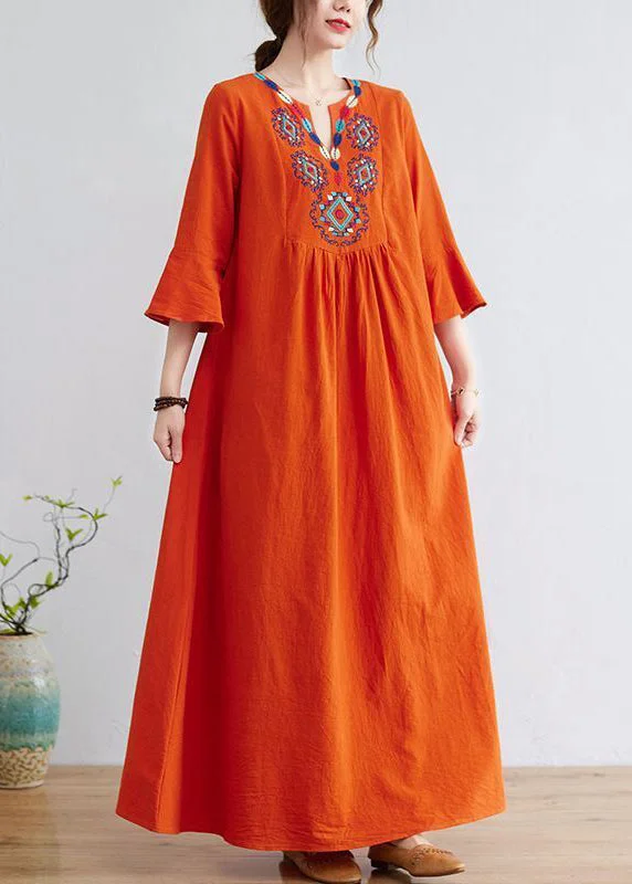 maxi dresses for special occasionsWomen Orange Embroideried Wrinkled Cotton Maxi Dress Bracelet Sleeve