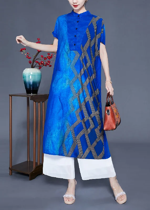 maxi dresses with front pocketsFitted Blue Stand Collar Tie Dye Silk Maxi Dresses Summer