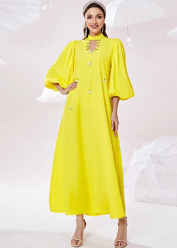 maxi dresses for womenFine Yellow Stand Collar Zircon Holiday Chiffon Maxi Dress Lantern Sleeve