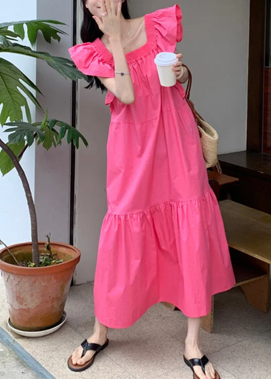 silk maxi dressesSolid Ruffle Backless Square Collar Casual Maxi Dress Pink