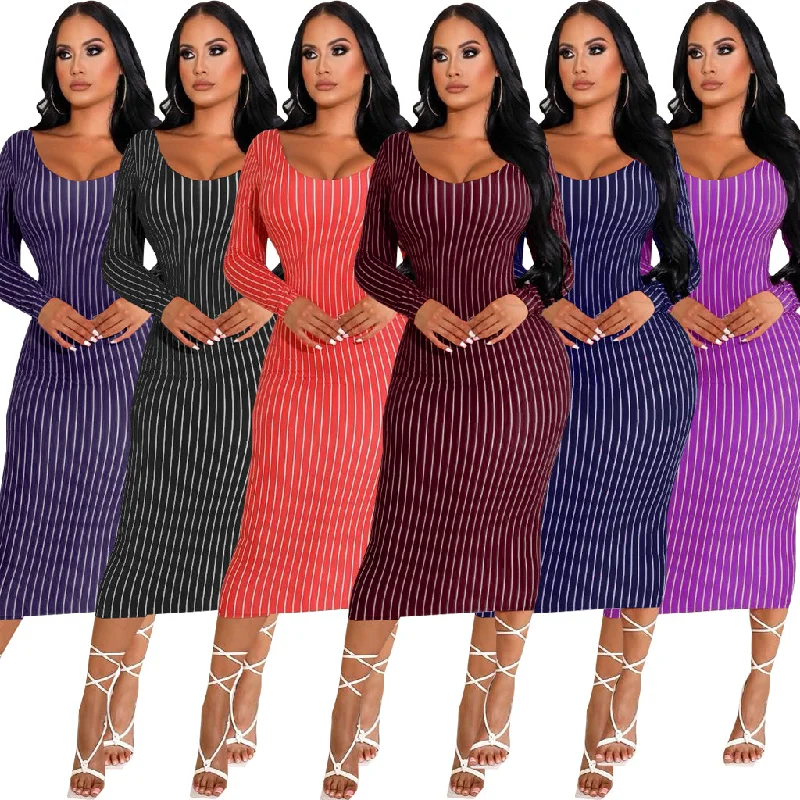 plus-size casual midi dressesSexy Stayfree Maxi Dress Fashion Striped Print Women's Midi Dresses