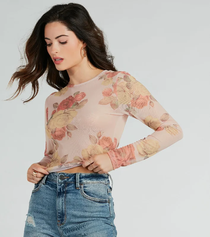 women's tops for those who want to create stylish and put-together outfits without spending a fortuneElevate The Charm Long Sleeve Floral Mesh Crop Top