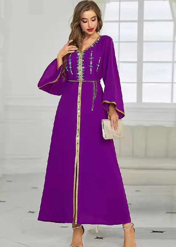 maxi dresses with off-the-shoulder necksBoutique Purple V Neck Patchwork Zircon Tie Waist Button Maxi Dresses Fall