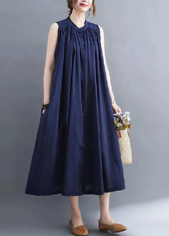 maxi dresses for yoga and meditationOriginal Design Navy O-Neck Button Cotton Maxi Dress Sleeveless