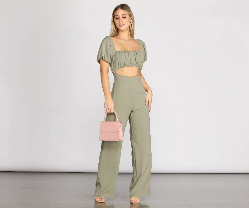 women's jumpsuits with off-the-shoulder necksPuff Sleeve Cut Out Jumpsuit