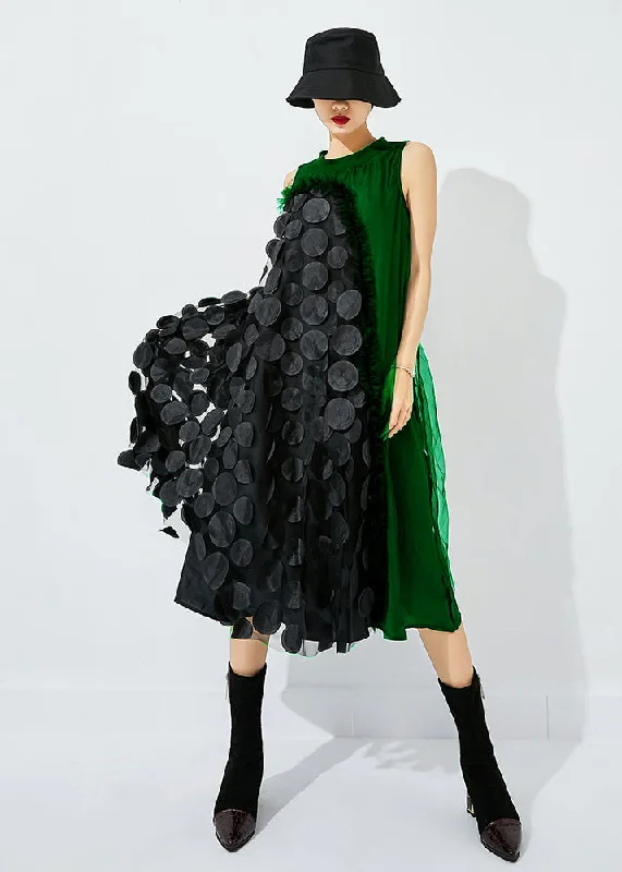 maxi dresses for casual FridaysBohemian Tea Green-Black Dot Asymmetrical Patchwork Wrinkled Tulle Maxi Dress Sleeveless