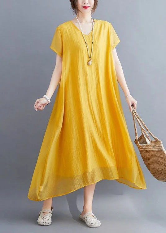 maxi dresses with sweetheart necksCasual Yellow V Neck Asymmetrical Design Cotton Maxi Dresses Summer