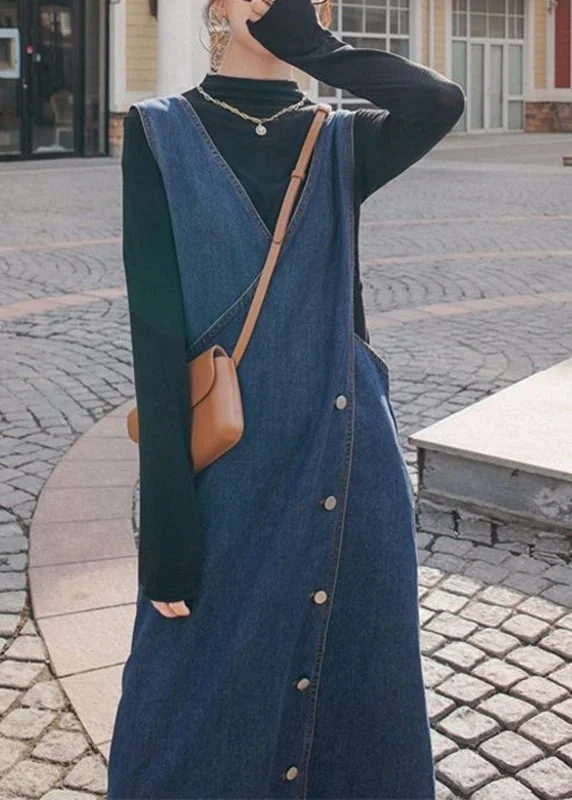 maxi dresses with sequined detailsHandmade Blue V Neck Asymmetrical Design Patchwork Denim Maxi Dresses Fall