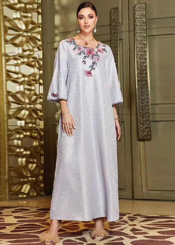 maxi dresses for winter (with tights)Jacquard Grey O-Neck Embroideried Silk Maxi Dresses Fall