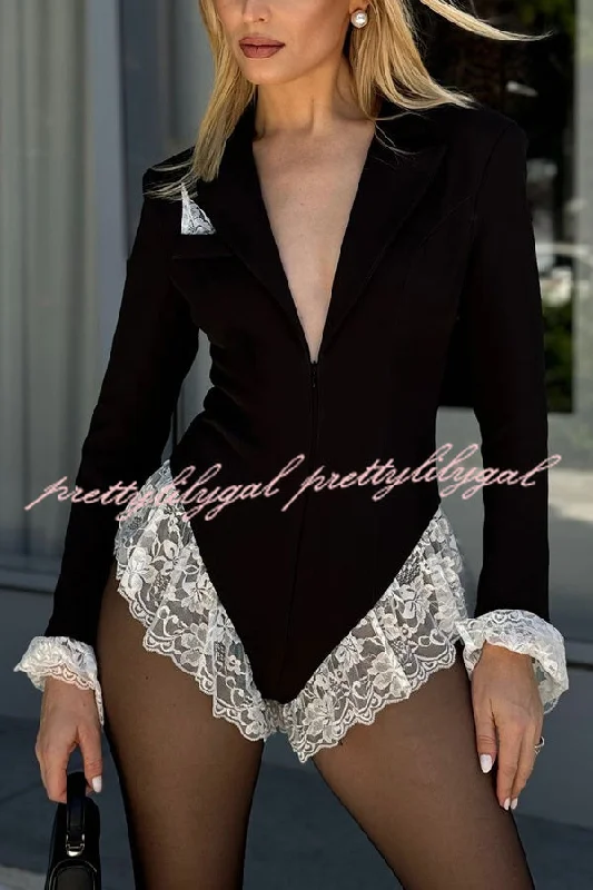 women's tops for those who believe in expressing their individuality through fashionFull of Design Lace Trim Long Sleeve Lapel Blazer Romper