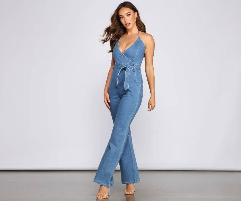 women's jumpsuits with spaghetti strapsDenim Diva Halter Jumpsuit