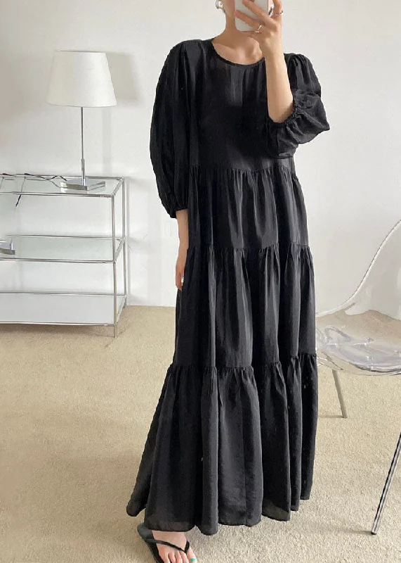 maxi dresses with cold-shoulder cutsPlus Size Black O-Neck Patchwork Backless Cotton Maxi Dress Bracelet Sleeve