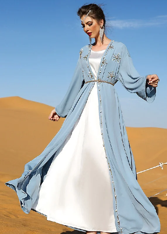 maxi dresses with zippersDIY Light Blue V Neck Embroideried Button Maxi Holiday Silk Cardigans Fall