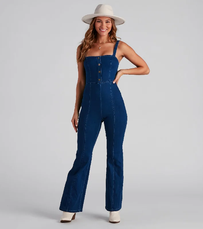 women's jumpsuits for minimalist fashionDenim Glam Flared Sleeveless Jumpsuit