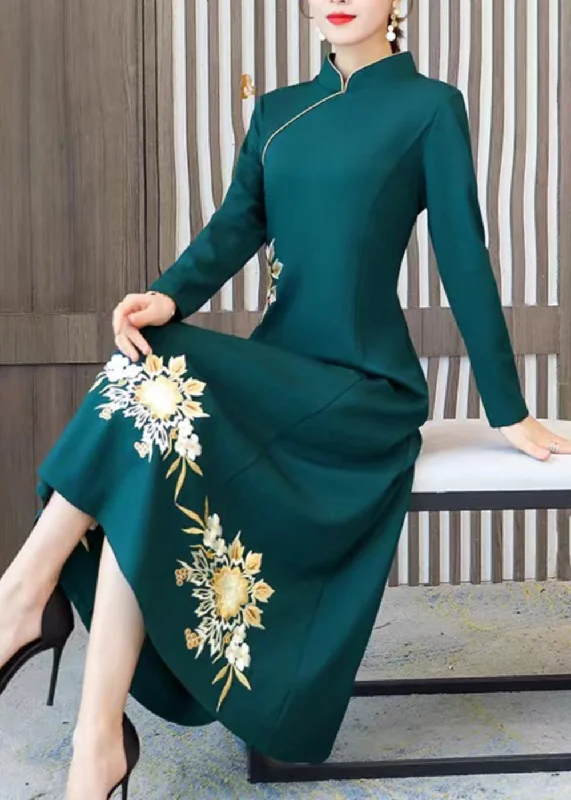 maxi dresses for cool weatherClassy Green Embroideried Patchwork Cotton Maxi Dresses Fall