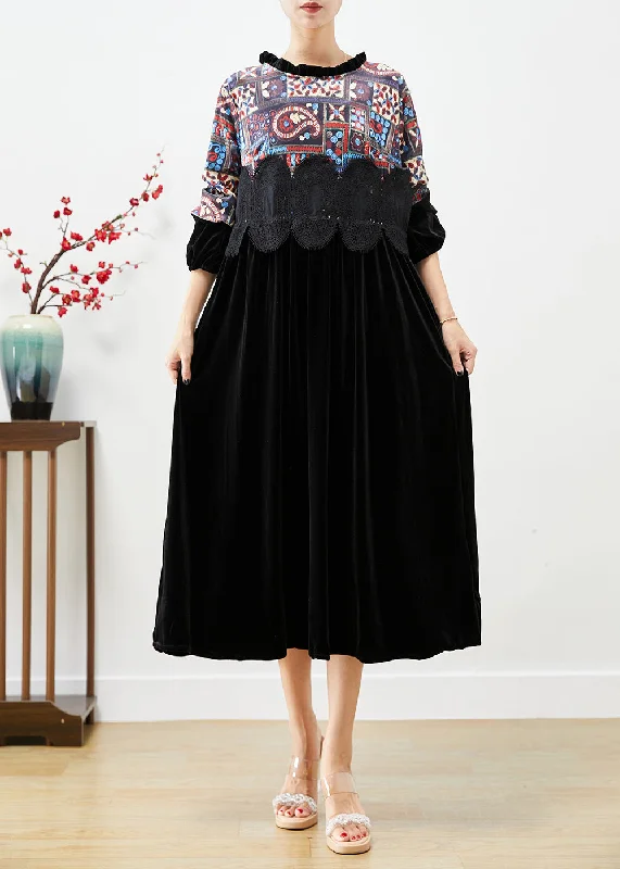 maxi dresses with flutter sleevesFitted Black Ruffled Patchwork Print Silk Velour Maxi Dresses Fall