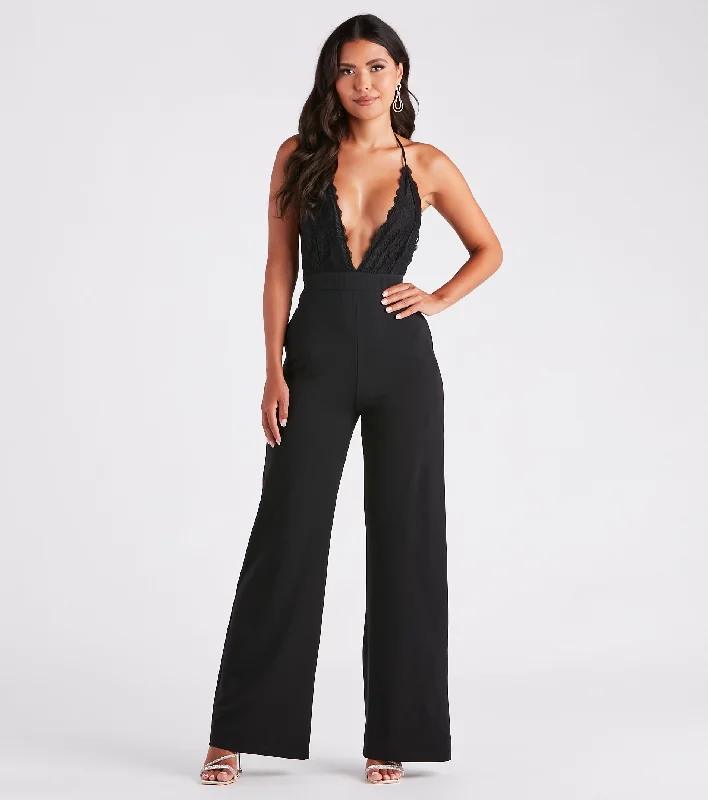 women's jumpsuits for affordable luxuryChic Vibes Plunging Lace And Crepe Jumpsuit