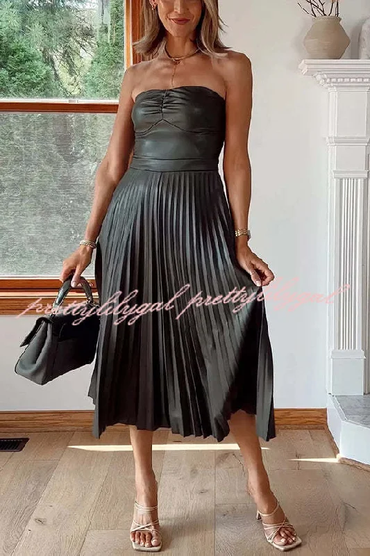 short sleeve midi dressesMy Juliet Faux Leather Off Shoulder Strapless Pleated Stretch Midi Dress