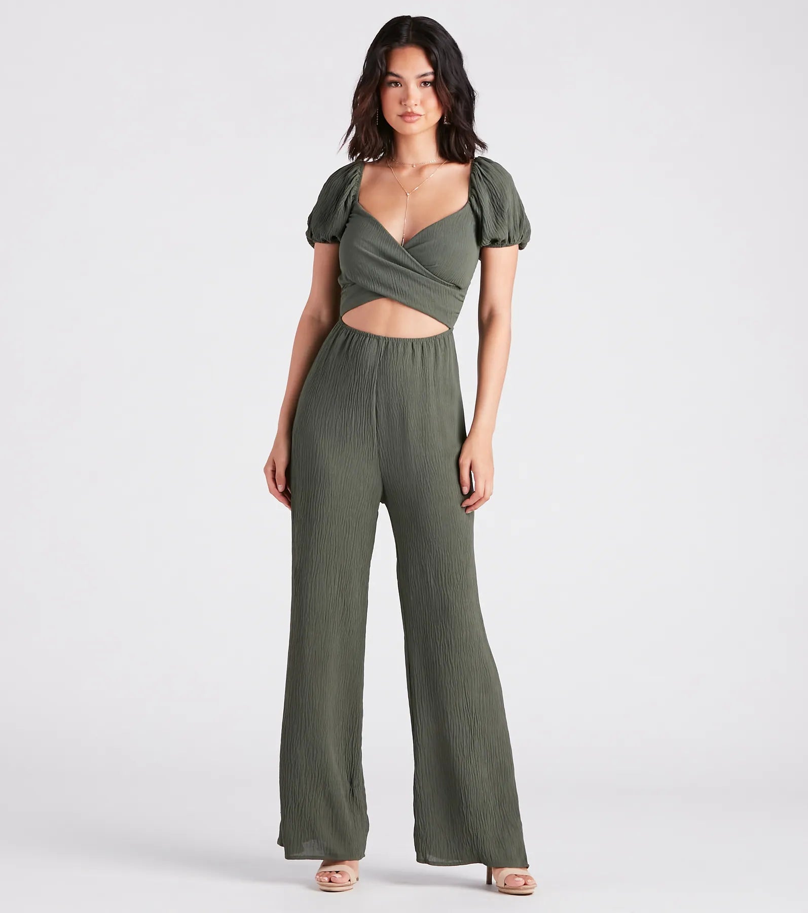 women's wide-leg jumpsuitsFlirt On Check Linen Puff Sleeve Jumpsuit