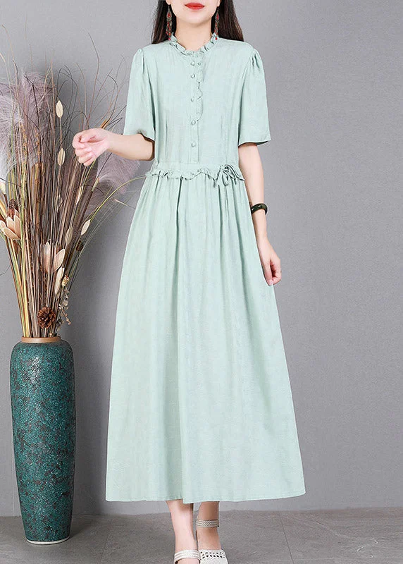 maxi dresses with hidden pocketsLight Green Print Tie Waist Linen Maxi Dresses Short Sleeve