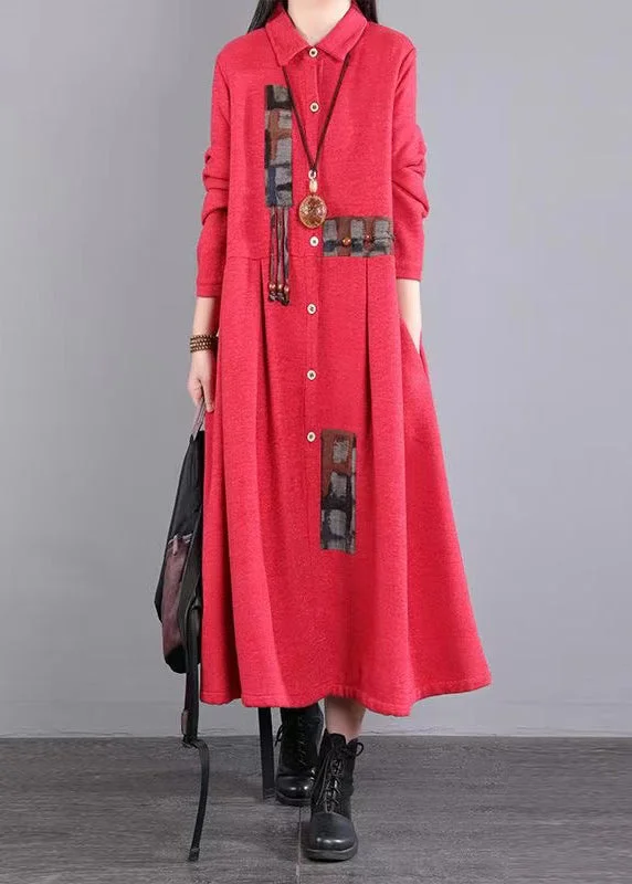 maxi dresses with cinched waistsArt Red Peter Pan Collar Pockets Patchwork Warm Fleece Maxi Dresses Winter