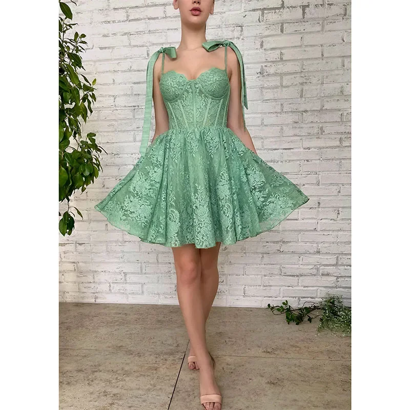 printed summer Mimi dresses with short hemsElegant Green Short Homecoming Dresses Spaghetti Straps Lace Appliques Mini Cocktail Homecoming Dress Zipper Back