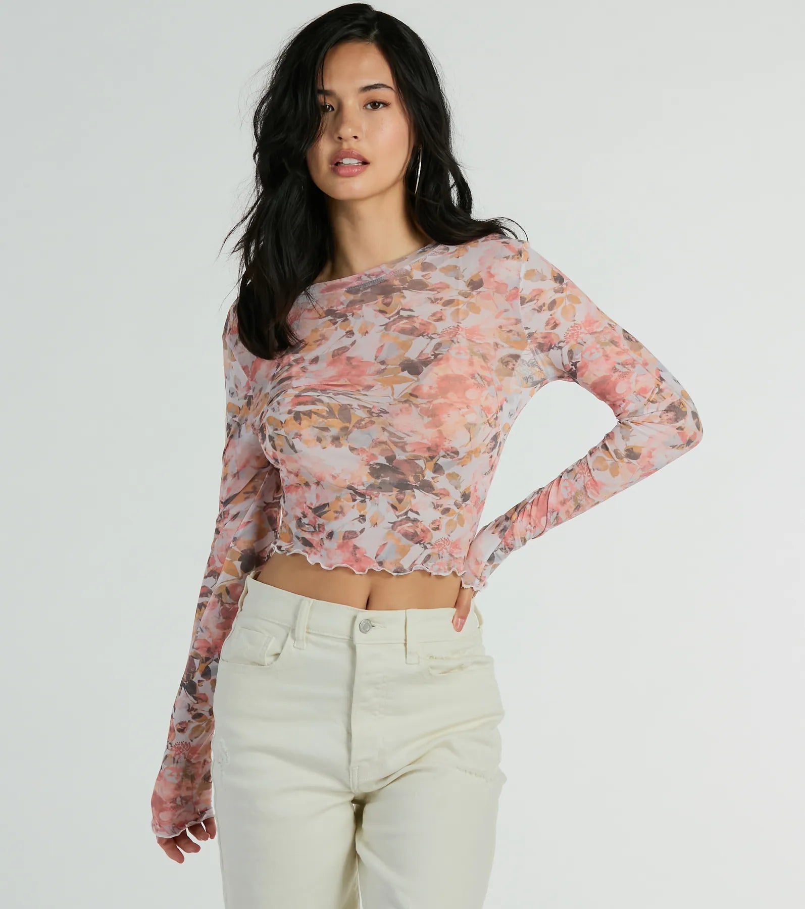 women's tops for those who love to mix and match prints and patternsWild Flowers Long Sleeve Floral Mesh Crop Top