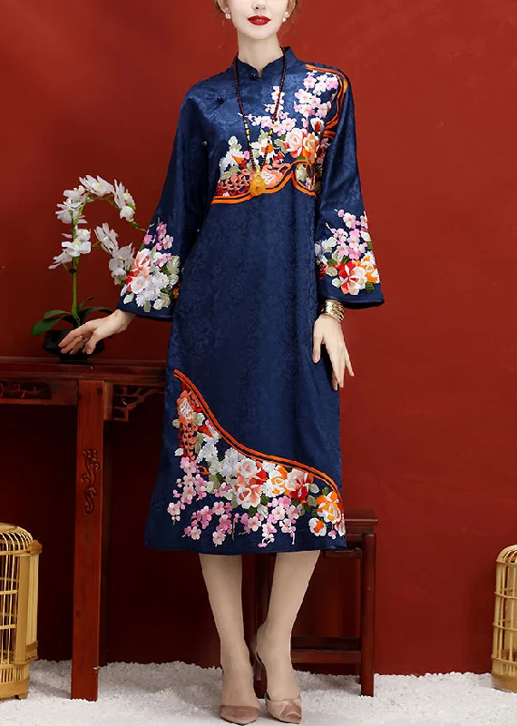 maxi dresses for formal eventsNavy Embroideried Button Side Open Silk Maxi Dress Long Sleeve