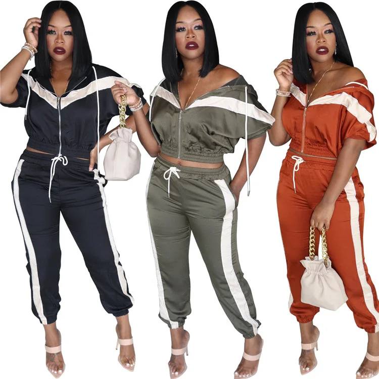 women's tops for those who want to make a fashion statementC91194 2019 fashion women two piece set sportswear set long sleeve casual solid color  strip patchwork jogger set women