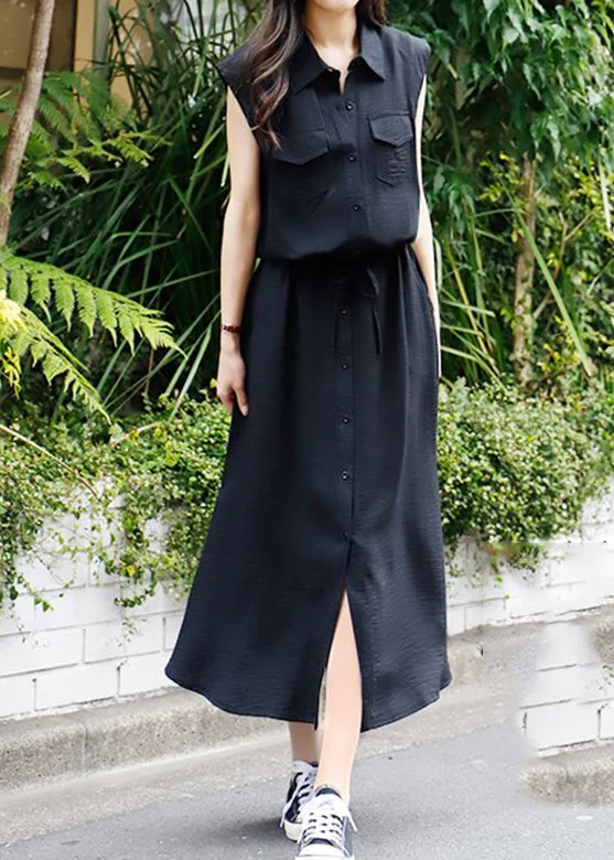 maxi dresses with pleatsSolid Drawstring Waist Pocket Button Front Maxi Cargo Dress Black