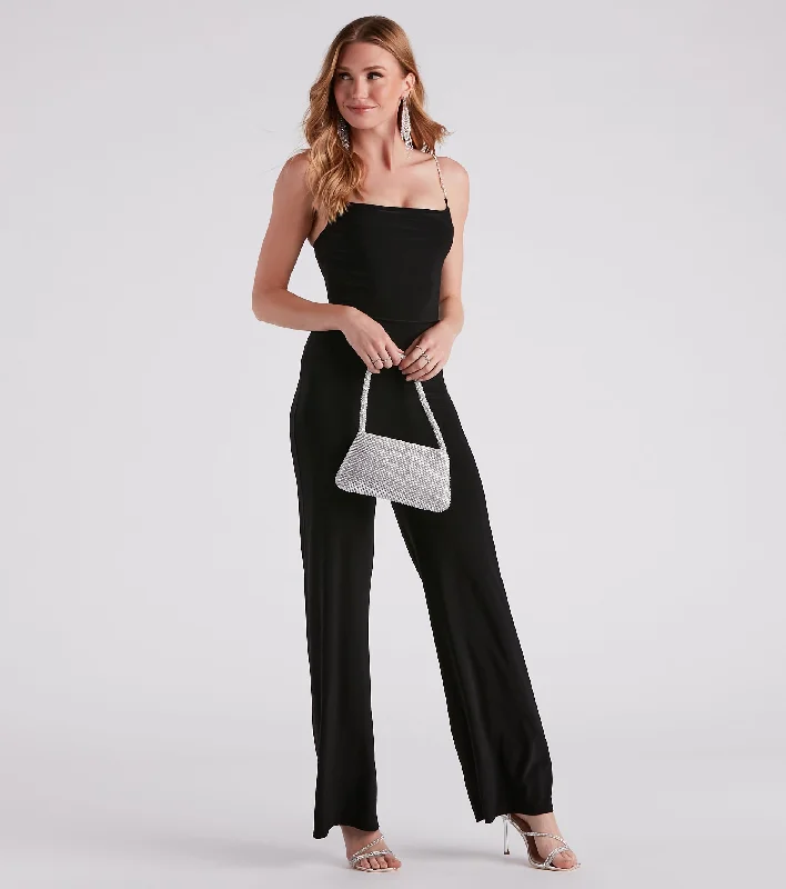 women's jumpsuits made of velvetTouch Of Fab Rhinestone Strap Jumpsuit