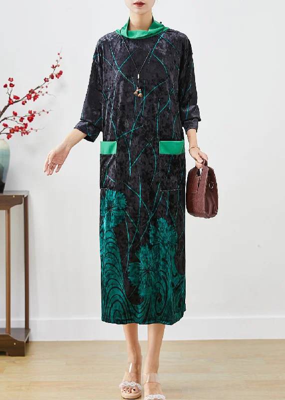 maxi dresses for winter (with tights)Green Print Silk Velour Maxi Dresses Turtle Neck Half Sleeve