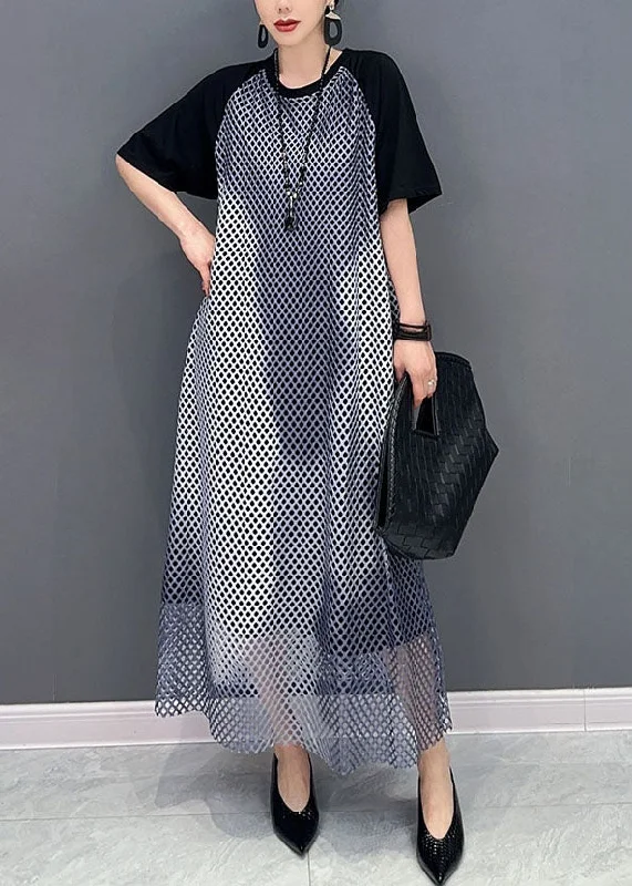 maxi dresses for mother of the groomBlack Patchwork Cotton Maxi Dresses O Neck Sheer Mesh Short Sleeve