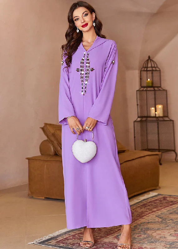 maxi dresses with beltsHandmade Purple Zircon Hooded Chiffon Maxi Dresses Fall