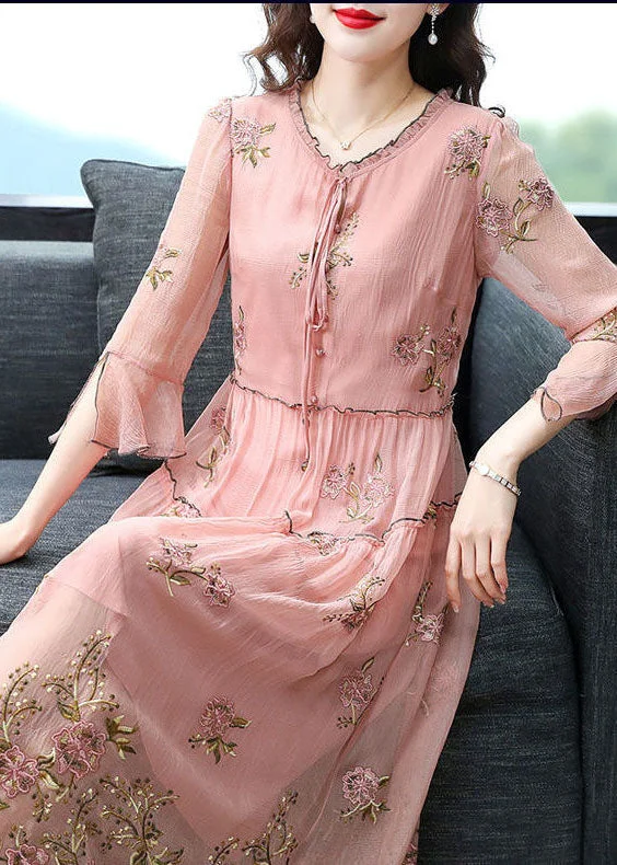 maxi dresses with low necklinesFrench Pink Ruffled Collar Embroideried Silk Maxi Dresses Flare Sleeve