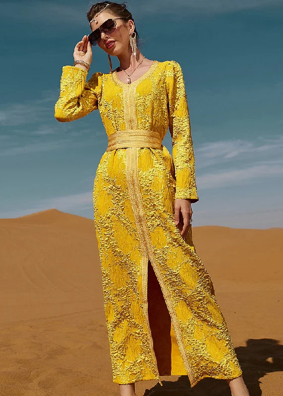 maxi dresses with lace-up detailsDinner Yellow O-Neck Floral Slim Lace Maxi Dresses Long Sleeve