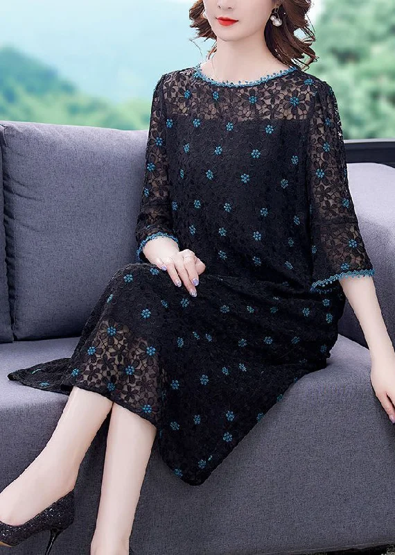 maxi dresses for garden partiesHandmade Black Embroideried Hollow Out Silk Maxi Dresses Flare Sleeve