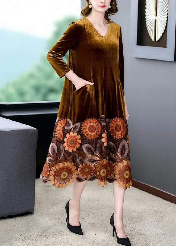 maxi dresses with pocketsYellow Patchwork Silk Velour Maxi Dresses Embroideried V Neck Spring