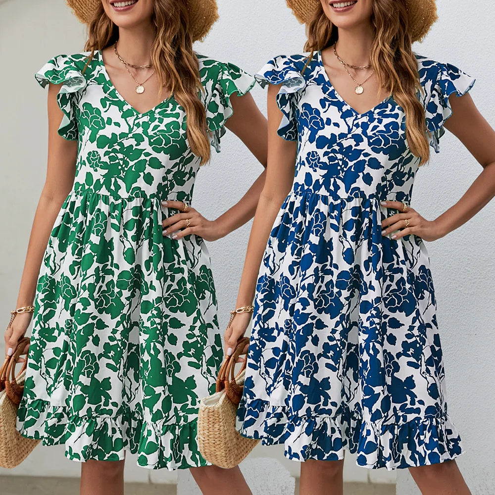 tall women's midi dressesNew Women Fashion Leaf Print V-neck Short Sleeve Summer Daily Casual Holiday Midi Women Dress