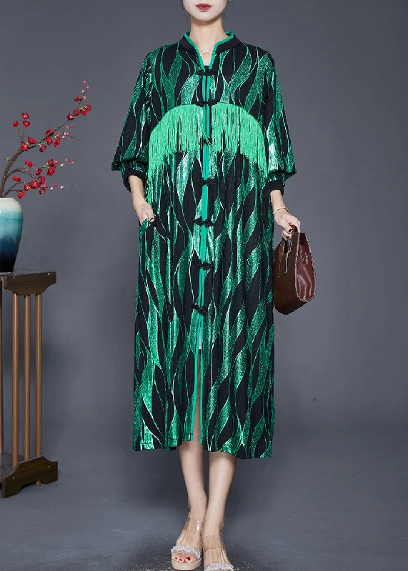 elegant maxi dressesElegant Green Striped Tasseled Chinese Button Silk Maxi Dresses Fall