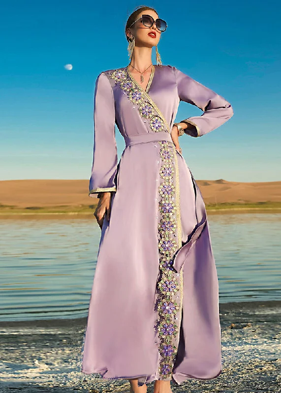 maxi dresses for travelNatural Purple V Neck Patchwork Tie Waist Chiffon Maxi Dresses Long Sleeve