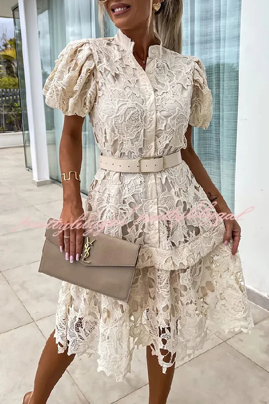 floral lace midi dressesAbsolutely Elegant Floral Crochet Lace Puff Sleeve Belted Shirt Midi Dress