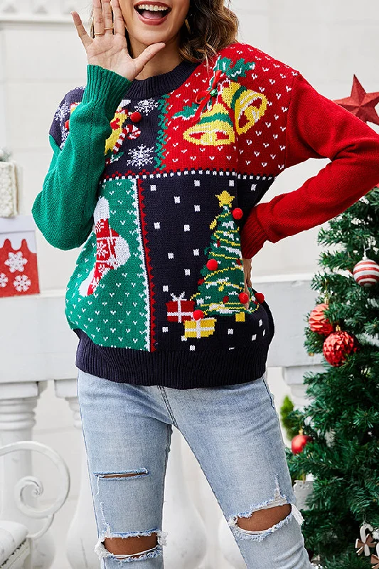 women's tops for those who love to mix and match prints and patternsChristmas Print Crew Neck Long Sleeve Sweater