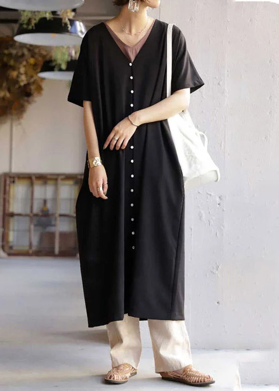 maxi dresses for yoga and meditationWomen Black V Neck Button Maxi Dress Short Sleeve