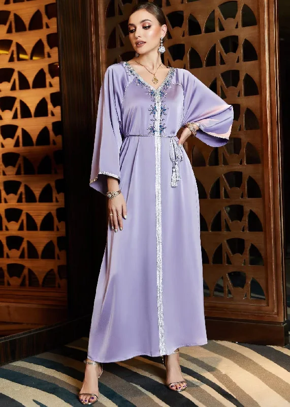 maxi dresses with A-line silhouettesDIY Purple V Neck Patchwork Tie Waist Chiffon Maxi Dress Fall