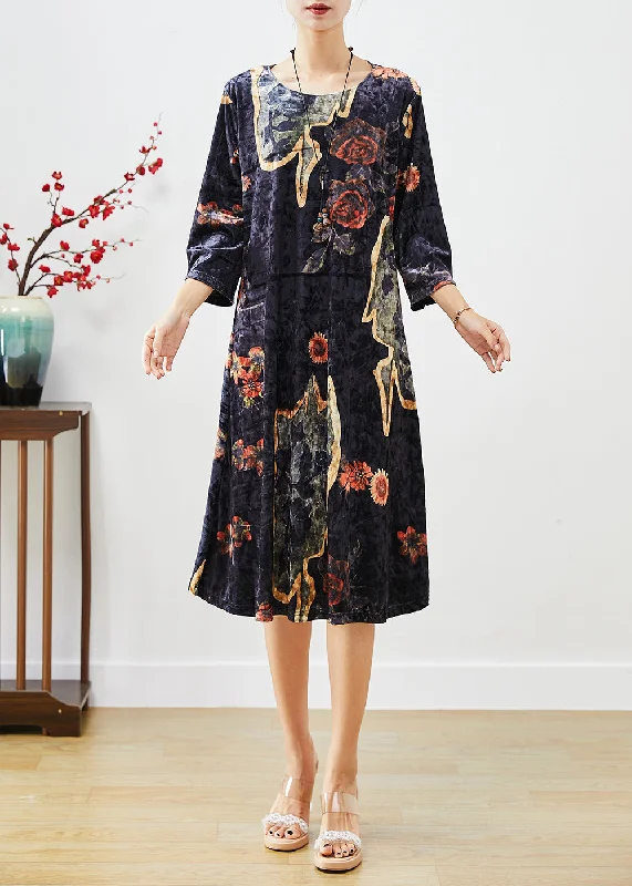 maxi dresses for cool weatherOrganic Black Oversized Print Silk Velour Maxi Dresses Fall