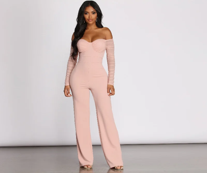 women's jumpsuits with buttonsAt The Ready Ruched Off Shoulder Jumpsuit