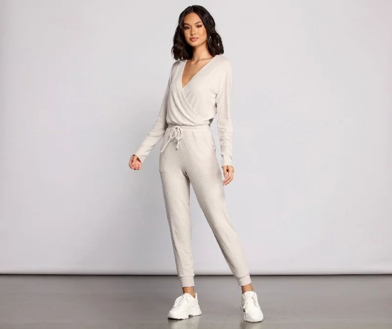 women's jumpsuits for apple-shaped bodiesFeeling Casual Ribbed Surplice Jumpsuit